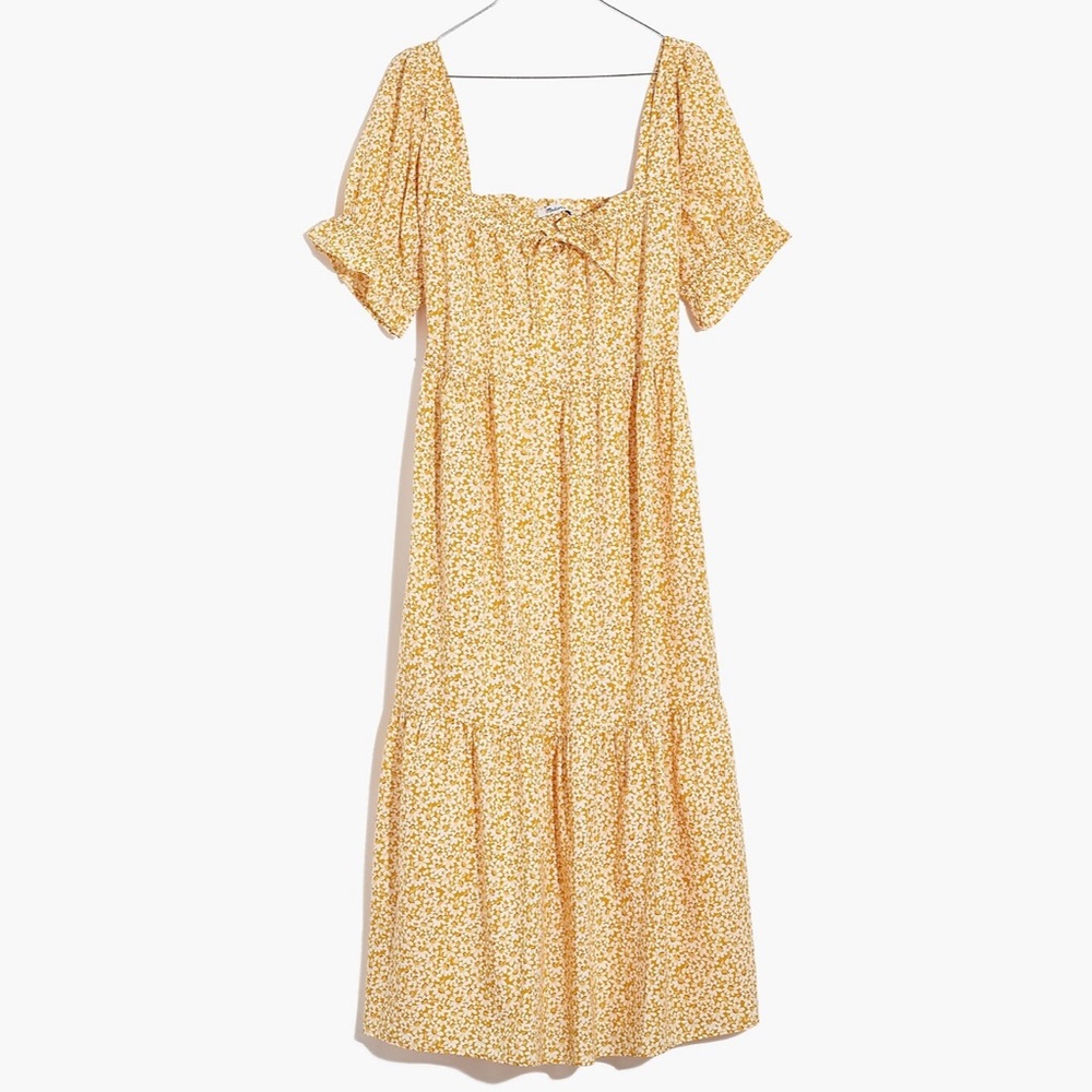 Square-Neck Tiered Midi Dress in Sunflower Field Madewell Size S NWOT